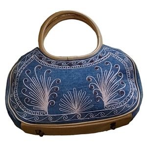 Denim Swing Purse w/ Peach Embroidery & Faux Leather